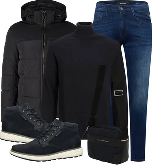 Outfit mit Schwarz/Dunkelblau Rollkragenshirt/Rollkragenpullover/Feinstrickpullover Jack & Jones "Outfit für den Winter"