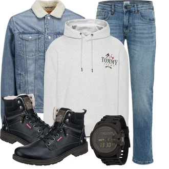 Outfit mit Schwarz/Rot Winter Stiefelette/Gefütterte Stiefelette/Schnürstiefelette/Wattierte Stiefel/Stiefel Mit Reißverschluss/Herren Lederschuhe/Wasserdichter Stiefel/Winter Stiefel/Leder Stiefelette/Klassischer Stiefel Mustang "Outfit für den Winter"