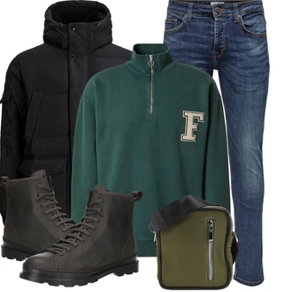 Outfit mit Blau/HellBlau/DunkelBlau Slim Fit Jeans/Herren Lederjacke/Tapered-Jeans/Biker Jeans/Winterjacke/Lederjacke/Leder Schuhe/Low Rise Jean/Thermojeans/Jeans mit Schlitz/Low Waist Jean/Vintage Jeans Only & Sons "Outfit für den Winter"