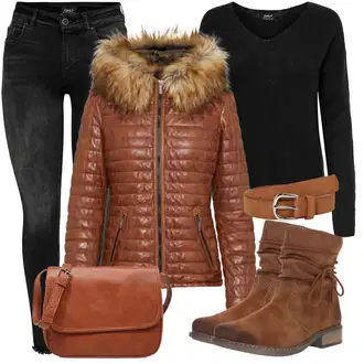 Krzno Outfit sa Narandžasta/Smeđa/Crvena Kožna Jakna/Donja Jakna/Zimska Jakna/Pernata Jakna/Izuzetna jakna Oakwood "Outfit za svaki dan"