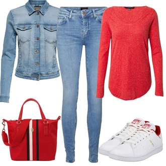 Outfit s Světle Modrá/Modrá Kožené Boty/Push up Džín/Džín s Nízkým Pasem/Džíny s Rozparkem/Navlékací džíny/Džíny s Nízkým Sedem/Slim Fit Džíny/Kožená bunda/High Waist Džínové Kalhoty VERO MODA "Outfity na zimu"