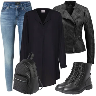 Prošívaný Outfit s Černá/Tmavě šedá Motorkářské Bund/Motorkářská bunda/Bunda s Bočním Zipem/Kožené Bund/Bunda z Umělé Kůže Only "Outfity na zimu"