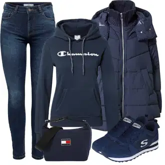 Outfit s Modrá/Tmavě modrá/Světle modrá Teniska teddy/Letní tenisky/Teniska se zapínáním na suchý zip/Úzká teniska/Nízká Teniska/Vintage teniska Skechers "Outfity na zimu"