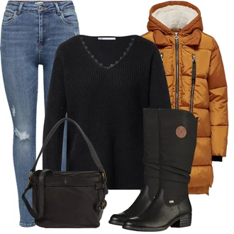 Outfit s Černá Nepromokavá kozačka/Jezdecká Bota/Dlouhá Kozačka/Klasická kozačka/Zimní Kozačka/Bota se širokým nohavici/Plochá kozačka nad koleno Rieker "Outfity na zimu"