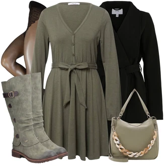 Výstřih na ramena Outfit s Tmavě zelená Košilové šaty/Žerzejové Šaty/Šaty na Podzim/Zimní šaty s dlouhým rukávem/Svetrové Šaty/Šaty s Páskem/Šaty s dlouhým rukávem/Pletené Šaty/Zimní Pletené Šaty/Ležérní Šaty About You "Outfity na zimu"