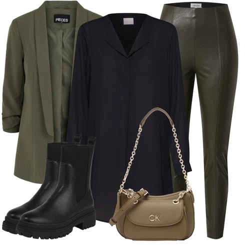 Kombinace Černá/Tmavě modrá Tunikové Tričko/Oversize Halenka/Elegantní Tunika/Klasická tunika/Dlouhá Halenka Vila kombinovat s Tmavě zelená/Khaki Kožený legíny/Kožená Kalhoty/Kalhoty z Umělé Kůže/Legíny Kožený Vzhled Edited