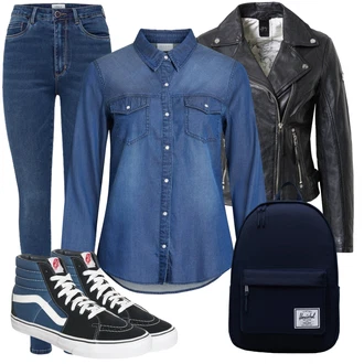 Džínovina Outfit s Tmavě modrá/Modrá/Světle modrá Halenka Džínsová Blůza Vila "Outfity na zimu"