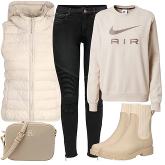 Outfit s Béžová/Hnědá/Krémová/Khaki Holínky/Kožená bunda/Gumová Kotníková Bota Mustang "Outfity na zimu"