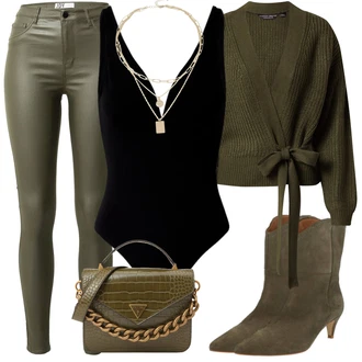 Kůže Outfit s Tmavě zelená/Khaki Kožená bunda/Motorkářské Džíny/High Waist Džínové Kalhoty/Džíny s Rozparkem/Termální Džíny JdY "Outfity na zimu"