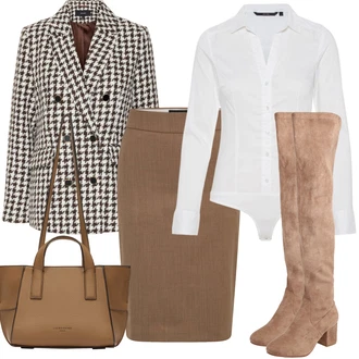 Outfit s Hnědá/Béžová Kozačka nad Kolena/Dlouhá Kozačka/Kožená Kozačka nad Koleno/Kozačka po Kolena/Plochá kozačka nad koleno About You "Perfektní na zimu"