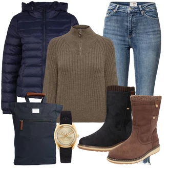 Outfit s Černá/Tmavě hnědá/Béžová Klasická Kozačka/Zimní kotníková bota/Nepromokavá Kozačka/Plochá Kotníková Bota/Kotníková Bota s Podšívkou/Vycpaná Kozačka/Zimní bota/Zimní Kozačka z jehněčí kůže Tom Tailor "Perfektní na zimu"