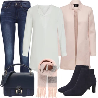 Elegantní Outfit s Šedá/Bílá/Fialová/Krémová Tunikové Tričko/Elegantní Tunika/Klasická tunika/Dlouhá Halenka Vila "Perfektní na zimu"Look: Styl, Babydoll, Kancelář, Příliš oblečený, Nadrozměrné, Univerzitní, Elegantní