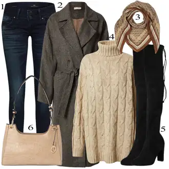 Seksi Outfit sa Crna Čizma Iznad Koljena/Kožna Čizma Iznad Koljena/Čizma do Koljena/Duga Čizma/Ravna čizma preko koljena About You "Zimski outfit"Look: cool, Šik, Seksi, Preodjeven, Elegantan, sviatočné, Old Money, Ležerno