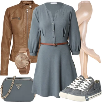 Outfit s Šedá/Světle šedá/Modrá/Tmavě Modrá Košilové šaty/Halenkové Šaty/Šaty s Páskem About You "Perfektní na zimu"