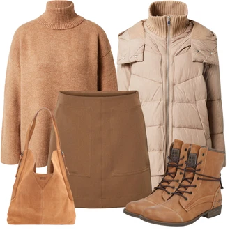 Outfity na zimu Áčkového Střihu s Hnědá/Khaki/Béžová Krátká Sukně/Moderní Sukně/Zimní Sukně/Sukně Pro Vysokou Školu/Sukně Pro Školní Uniformu/70tá Léta Minisukně/60tého Léta Sukně yas "Perfektní na zimu"Look: Áčkového Střihu, Francouzské, Moderní, Old Money, Bezešvé, Traditional, Pracovní oděvy, 70tá léta