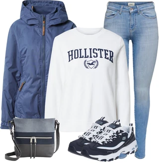Streetwear Outfit s Bílá/Tmavě modrá/Růžová/Krémová Dámský Svetr/Sportovní Mikina/Fleecová Mikina Hollister "Perfektní na zimu"Look: Hipster, Streetwear, Sportovní, College, Unisex