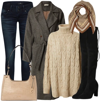 Sexy Outfit s Černá Kozačka nad Kolena/Kožená Kozačka nad Koleno/Dlouhá Kozačka/Plochá kozačka nad koleno/Kozačka po Kolena About You "Perfektní na zimu"Look: Ležérní, Elegantní, Cool, Slavnostní, Old Money, Příliš oblečený, Sexy
