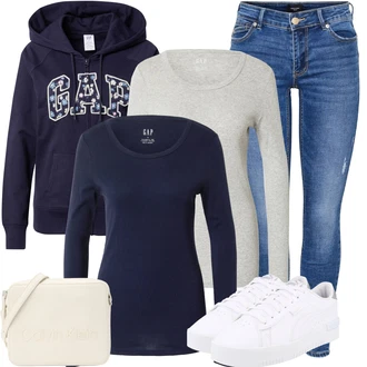 Outfit s Modrá/Tmavě Modrá/Světle Modrá Kožená bunda/Kotníková Bota/High Waist Džínové Kalhoty/Džíny s Rozparkem/Džíny s Dírou/Džíny s Nízkým Sedem/Džín s Nízkým Pasem/Push up Džín/Slim Fit Džíny/Navlékací džíny/Kožené Boty/Zimní bunda VERO MODA "Perfektní na zimu"