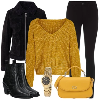 Outfit s Žlutá/Hnědá Basic Svetr/Hrubě pletený svetr/Crop Svetr/Třpytivý Svetr/Pletený Svetr/Mohair Pullover/Svetr Niki/Jednoduchý Svetr/Vlněný Svetr Vila "Perfektní na zimu"