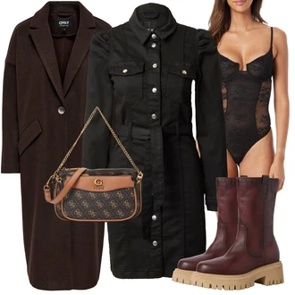 Outfity na zimu s Černá Dlouhá tylová Sukně/Dlouhý Zimní Kabát/Doplňek/Taška/Dlouhé Šaty Guess "Perfektní na zimu"