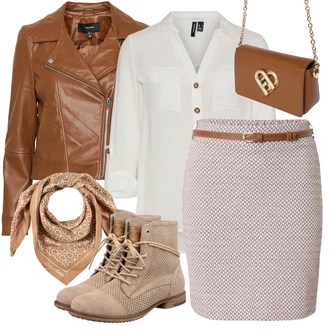 Outfit s Šedá/Khaki/Bílá/Hnědá/Béžová/Světle zelená Tunikové Tričko/Halenka S 3/4 Rukávem/Blůza s nášivkou na lokti/Oversize Muselínová Blůza/Kožená bunda/Blůza s knoflíčkem Vero Moda Tall "Perfektní na zimu"