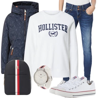 Streetwear Outfit s Bílá/Tmavě modrá/Růžová/Krémová Dámský Svetr/Sportovní Mikina/Fleecová Mikina Hollister "Perfektní na zimu"Look: Hipster, Streetwear, Sportovní, College, Unisex