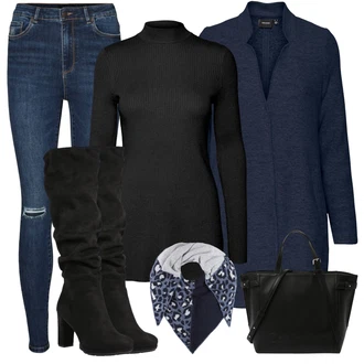 Zima Outfit s Černá Kozačka Na Podpatku/Dlouhá Kozačka/Kozačka nad Kolena/Bota se širokým nohavici/Špičatá Kozačka/Kozačka po Kolena About You "Perfektní na zimu"