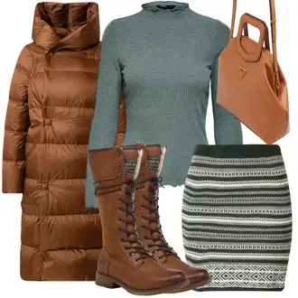 Nadrozměrné Dlouhé Outfit s Hnědá/Tmavě hnědá Zimní Kabát/Péřový Kabát/Dlouhý Péřový Kabát/Dlouhý Zimní Kabát/Prošívaný kabát/Přechodový Kabát JNBY "Perfektní na zimu"Look: Italský, Mom, Venkovní, Příliš oblečený, Nadrozměrné