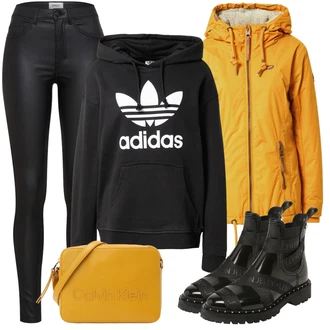 Outfit s Oranžová Dlouhé Šaty/Slim Fit Džíny/Dlouhé Kardigany/Dlouhý Svetr/Taška Přes Rameno/Dlouhý Zimní Kabát/Dlouhá tylová sukně/Doplňek Calvin Klein "Perfektní na zimu"