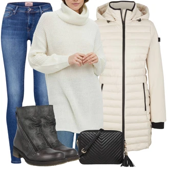 S páskem Dlouhé Outfit s Modrá/Bílá Kožená bunda/High Waist Džínové Kalhoty/Džíny s Rozparkem/Kožené Boty/Slim Fit Džíny/Push up Džín/Džín s Nízkým Pasem/Džíny s Nízkým Sedem Only "Perfektní na zimu"