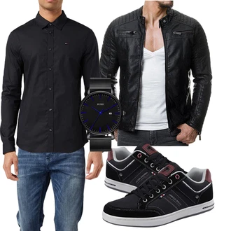 Outfit mit Schwarz Jacke mit Seitlichem Reißverschluss/Motorradjacke/KunstLederjacke/Bikerjacke Redbridge "Praktischer Look"