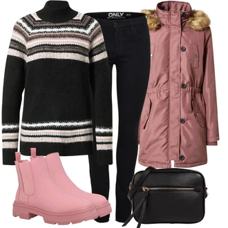 Outfit sa Pink Chelsea Gležnjača/Kožna Jakna/Ravna Gležnjača/Gumena Gležnjača About You "Savršen za slobodno vrijeme"