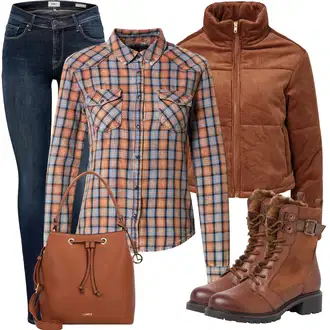 Karirani Outfit sa Smeđa/Crvena/Narandžasta/Bež Karirana Košulja/Košulja of flanela LTB "Savršen za zimu"