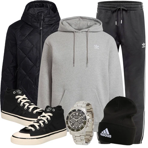 Sportlich Grau/Dunkelgrau/Schwarz JoggingHose/FleeceHose/SportHose/TrainingsHose/JerseyHose Adidas Originals kombinieren mit Schwarz/Creme Schuh Canvas-Sneaker/Schmaler Sneaker/SkateSchuh/Sneaker Mit Seitlichem Reißverschluss/Teddy Sneaker/Vintage Sneaker/Winter Sneaker Adidas OriginalsLook: Streetwear, Retro, Unisex, Classic, Schlichte, 30er Jahre, Workwear, Vintage, Casual, Sportlich