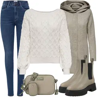 Mom Outfit s Šedá/Béžová/Hnědá/Khaki Pletený Kabát/Vlněný Fleecový Kabát/Pletený Fleecový Kabát/Kabát s Kapucí/Zimní Kabát Vlněný kabát/Lodenový kabát Only "Stylový zimní outfity"Look: Ležérní, Pro Dům, Mom, Venkovní, Příliš oblečený, Univerzitní