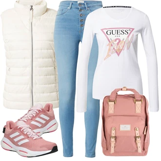 Outfity na zimu Streetwear s Růžová/Bílá/Stříbrný/Zelená Těhotenské tričko/Dlouhá košile/Top Na Party/Fancy tričko/Tričko s potiskem/Košilový top/Košile s potiskem Guess "Stylový zimní outfity"Look: Streetwear, Unisex, Elegantní