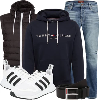Vintage Outfit mit Dunkelblau Hoodie/Vintage Hoodie/Ausgefallener Hoodie/Sport Hoodie/Unisex Hoodie/Sweatshirt/Damen Pullover/Kapuzenpullover/Sweatmode Tommy Hilfiger "Super für die Freizeit"Look: Metal, Indoor, Zuhause, Vintage, 70er, Mom, Uni
