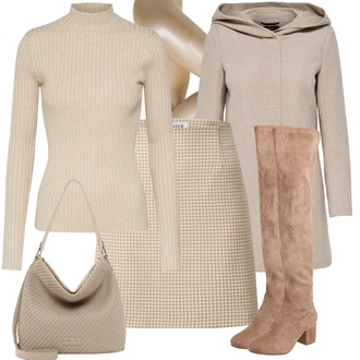 Jesen Outfit sa Bež/Smeđa Čizma Iznad Koljena/Kožna Čizma Iznad Koljena/Ravna čizma preko koljena/Čizma do Koljena/Duga Čizma About You "Trendi zimski outfit"