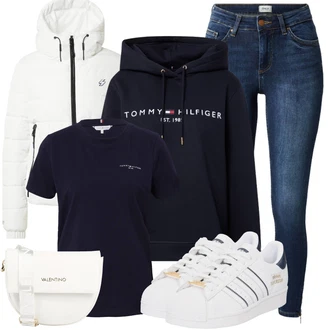 Nadrozměrné Outfit s Tmavě modrá Originální mikina/Svetr S Kapucí/Oversize mikina/Mikina/Unisex Mikina S Kapucí/Vintage mikina/Dámský Svetr/Svetr s kapucí/Sportovní mikina Tommy Hilfiger "Trendový zimní vzhled"Look: Mom, Nadrozměrné, Sportovní, Unisex, Univerzitní, Vintage, Hip Hop