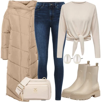 S Třásně Outfit s Hnědá/Béžová/Khaki Chelsea Boty/Kožená bunda/Gumová Kotníková Bota/Plochá Kotníková Bota/Kotníková Bota s Podšívkou About You "Trendový zimní vzhled"