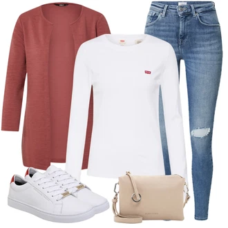 Dlouhé Outfit s Bílá Tričko s 3/4 rukávem/Jednoduchý top/Zkrácený Top/Pletené tričko/Dlouhá košile/Košilový top/Roláková Košile/Zavinovací Tričko levi's ® "Trendový zimní vzhled"