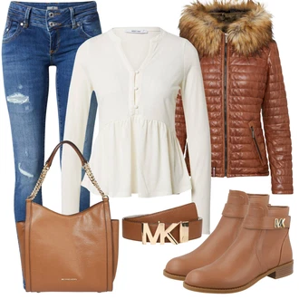 Outfit s Červená/Hnědá/Oranžová Kožené Bund/Zimní Bund/Puchová Bund/Péřová Bunda/Neobvyklá bunda Oakwood "Trendový zimní vzhled"