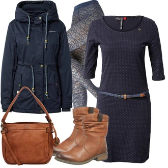 Outfit s Tmavě modrá Šaty s Páskem/Šaty s 3/4 Rukávem/Business Šaty/Kancelářské šaty/Pletené Šaty/Polo Šat/Ležérní Šaty/Úzké Šaty/Zimní Pletené Šaty Ragwear "Trendový zimní vzhled"