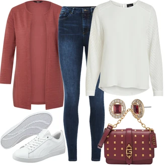 Outfit s Krémová/Bílá Halenkový Top/Halenka s Dlouhým Rukávem/Slip-on Halenka/Halenka se Stojatým Límcem/Kožená bunda pro muže/Crash blůza/Dětská hračka/Sportovní Halenka/Mušelínová Halenka/Blůza s nášivkou na lokti Object "Trendový zimní vzhled"