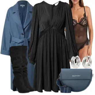 Outfit s Černá/Šedá/Tmavě šedá Šaty s dlouhým rukávem/Plisované Šaty/Šifonové Šaty/Zimní šaty s dlouhým rukávem/Šaty na Podzim/Šaty s Vodopádovým Výstřihem/Šaty s nadýchaným rukávem/Halenkové Šaty guido maria kretschmer women "Večerní outfit"