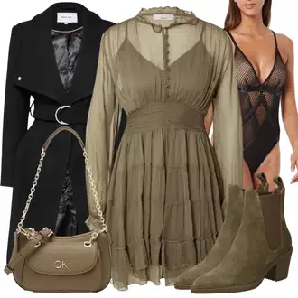 Outfit s Tmavě zelená/Khaki/Šedá/Hnědá Halenkové Šaty/Šaty na Podzim/Šifonové Šaty/Vintage šaty/Francouzské šaty/Šaty s dlouhým rukávem/Elegantní Šaty/Ležérní Šaty guido maria kretschmer women "Večerní outfit"