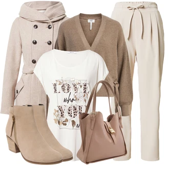 Elegantní Outfit s Béžová/Hnědá/Khaki Kalhoty s Vysokým Pasem/Plisovaná Kalhoty/Mušelínové kalhoty/Mrkvová Kalhoty/Paperbag Kalhoty/Plisovaná kalhoty/Kalhoty s nášivkou uprostřed About You "Zimní Outfit"Look: Elegantní, Old Money, Venkovní, Univerzitní