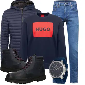 Rundhals Outfit mit Dunkelblau/Mischfarben/Orange Women's Fleece Sweatshirts/Lederjacke/Sport Sweatshirt Hugo "Winter Outfit"