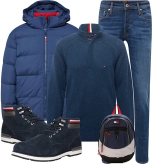 Outfit mit Blau/Hellblau Slim Fit Jeans/Leder Schuhe/Lederjacke/Damen 7/8-Länge Jeans/Low Rise Jean/Tapered-Jeans/Winterjacke/Low Waist Jean/Schlupfjeans/Jeans mit Schlitz/Straight Leg Jean/Regular-Fit Jeans/Cropped Jeans/Knöchelstiefel Jack & Jones "Winter Outfit"