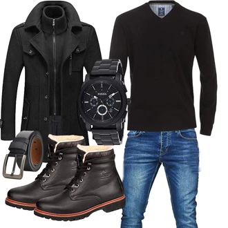 Motorrad Outfit mit Schwarz/Dunkelgrau Kapuzenjacke/Winter Parka/Jacke mit Seitlichem Reißverschluss/Langjacke/Herbstjacke/Reitjacke/Doppeljacke/Winterjacke/Wolljacke MWbetsy "Winter Outfit"Look: Freizeit, Arbeits, Motorrad, Reiten, Fitness